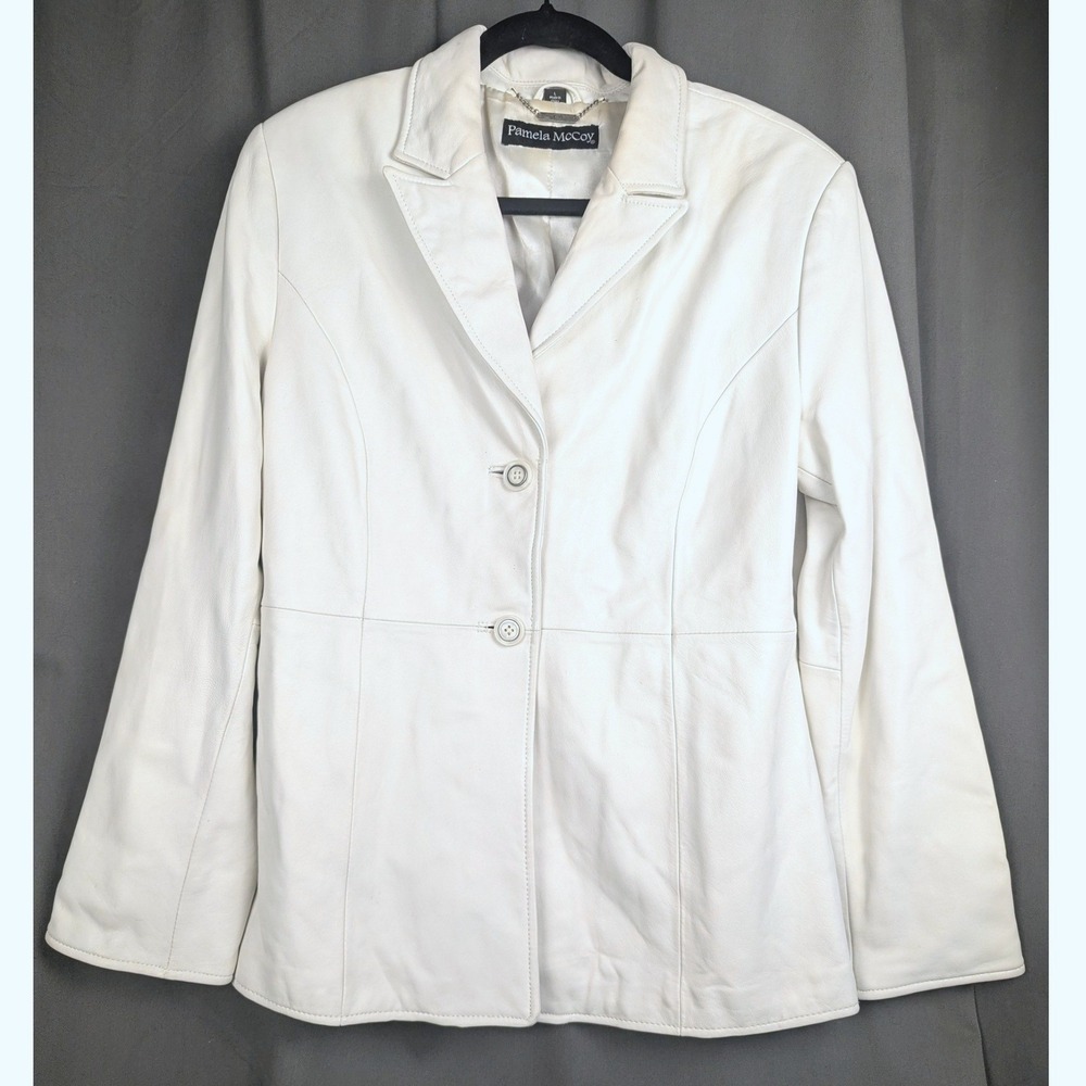 L Leather Pamela McCoy Womens White Genuine Blazer Jacket Two Button Coat